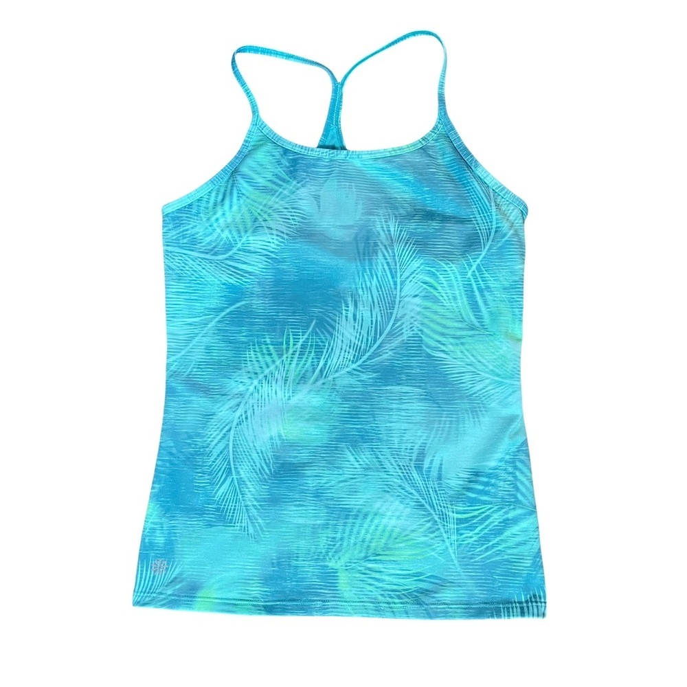 Athleta Girl Tank Top  L 12 Green Leafs TroPical Mesh Build In Bra Stretch.